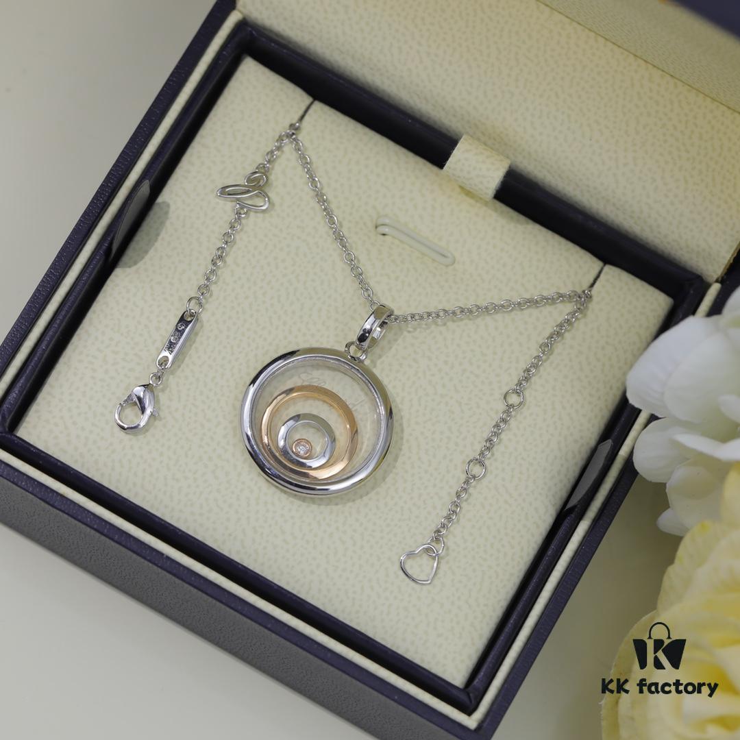 Chopard Necklace: Iconic Lucky Chopard with Moving Diamond, 18K Rose Gold Plated Adjustable Three-Ring Pendant