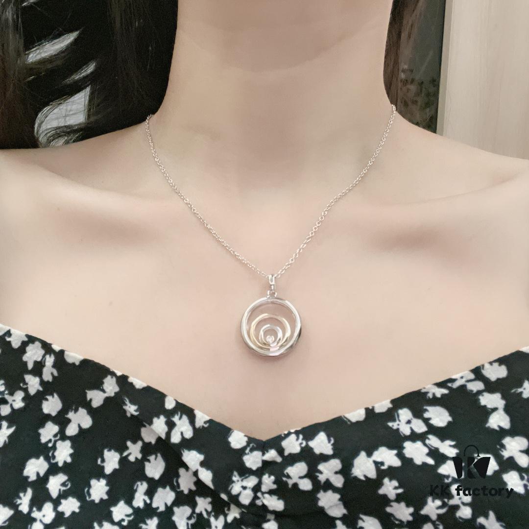 Chopard Necklace: Iconic Lucky Chopard with Moving Diamond, 18K Rose Gold Plated Adjustable Three-Ring Pendant