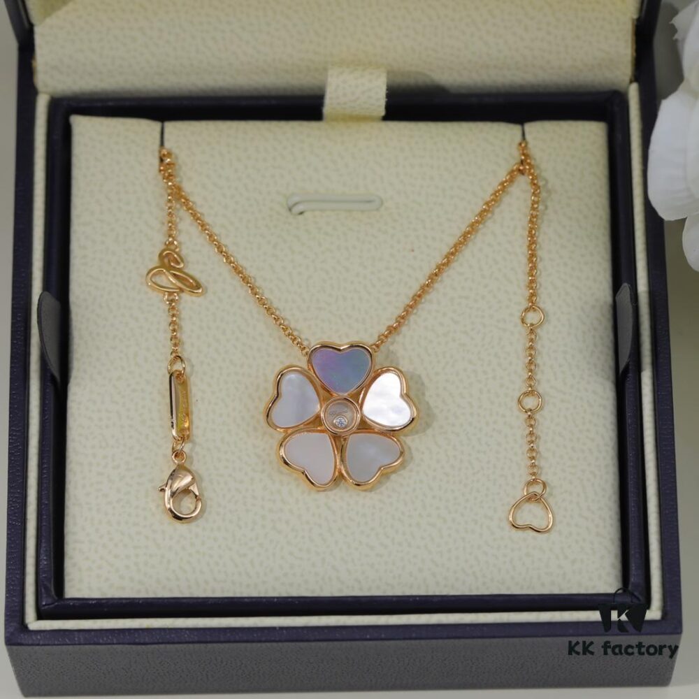 Chopard Angel Necklace with Lucky Symbol and Iconic Moving Diamond in 18K Rose Gold, Adjustable Chain with Original Logo and Authentic Tag