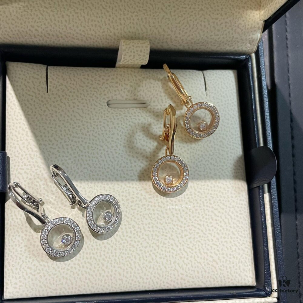 Chopard Happy Diamonds Collection, Full Diamond Round Earrings with Moving Diamond Inside the Glass Dial