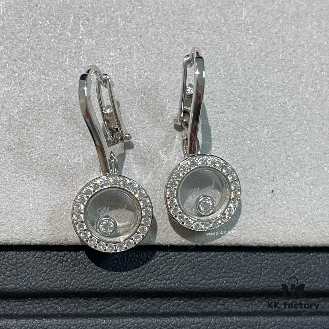Chopard Happy Diamonds Collection, Full Diamond Round Earrings with Moving Diamond Inside the Glass Dial