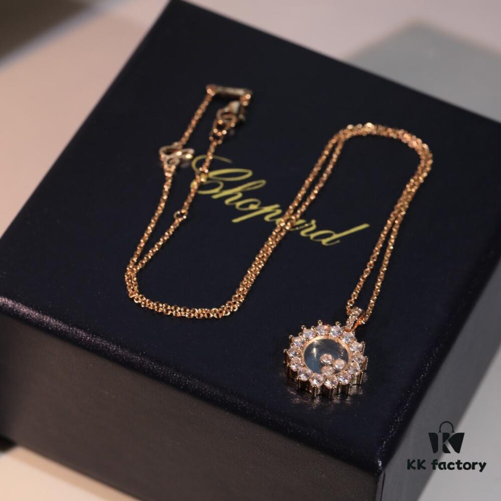 Chopard High-Version Necklace with Floating Diamond in Glass, 18K Rose Gold, Adjustable Chain, Authentic Logo on Glass and Tag