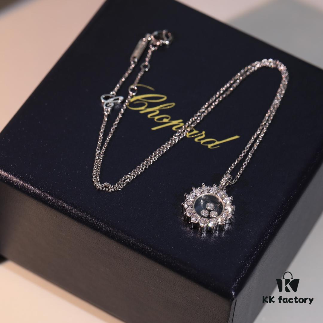 Chopard High-Version Necklace with Floating Diamond in Glass, 18K Rose Gold, Adjustable Chain, Authentic Logo on Glass and Tag