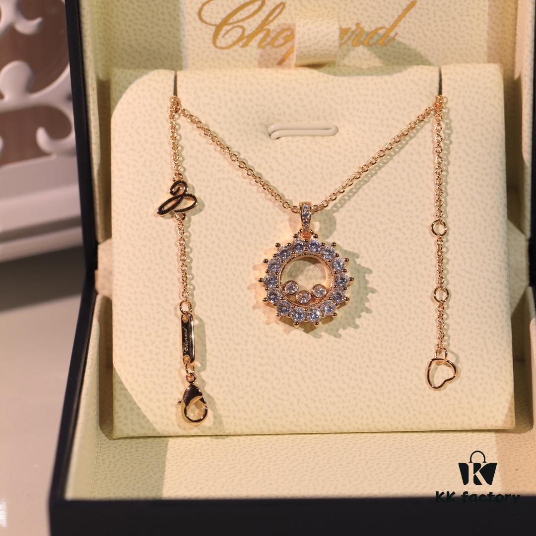 Chopard High-Version Necklace with Floating Diamond in Glass, 18K Rose Gold, Adjustable Chain, Authentic Logo on Glass and Tag