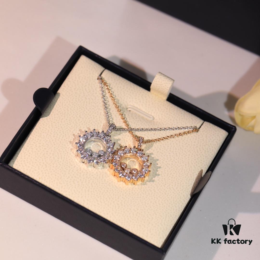 Chopard High-Version Necklace with Floating Diamond in Glass, 18K Rose Gold, Adjustable Chain, Authentic Logo on Glass and Tag