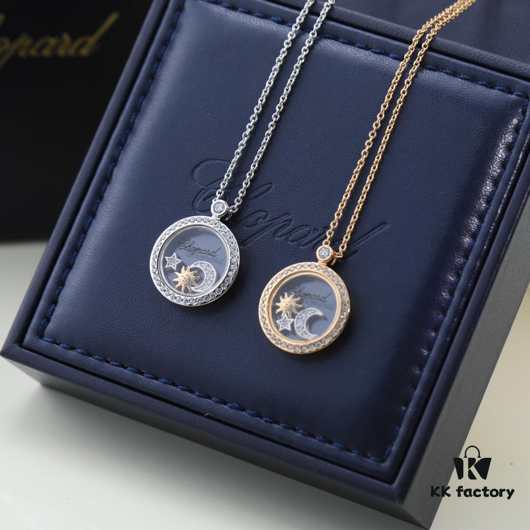 Chopard High-Version CNC Craft Necklace with Sun, Moon and Stars, 18K Rose Gold Original Logo, Adjustable Length, Featuring Brand's Iconic Moving Diamond Inside Glass