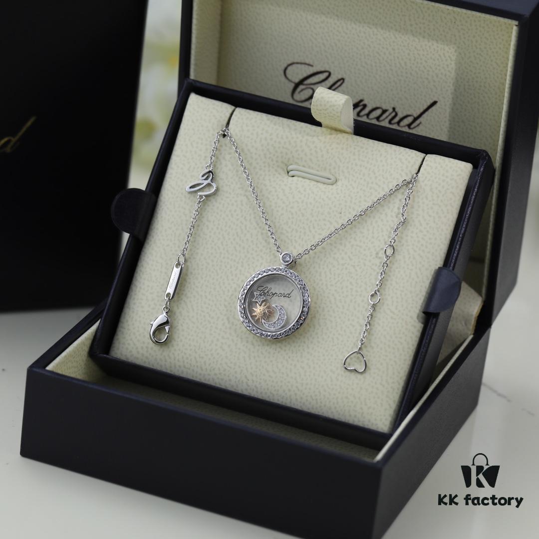 Chopard High-Version CNC Craft Necklace with Sun, Moon and Stars, 18K Rose Gold Original Logo, Adjustable Length, Featuring Brand's Iconic Moving Diamond Inside Glass