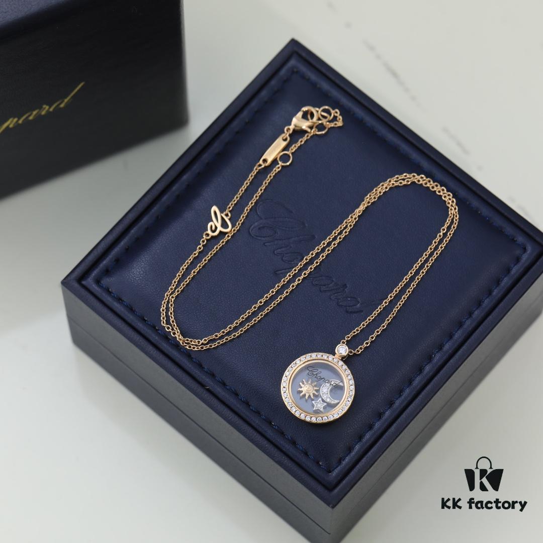 Chopard High-Version CNC Craft Necklace with Sun, Moon and Stars, 18K Rose Gold Original Logo, Adjustable Length, Featuring Brand's Iconic Moving Diamond Inside Glass