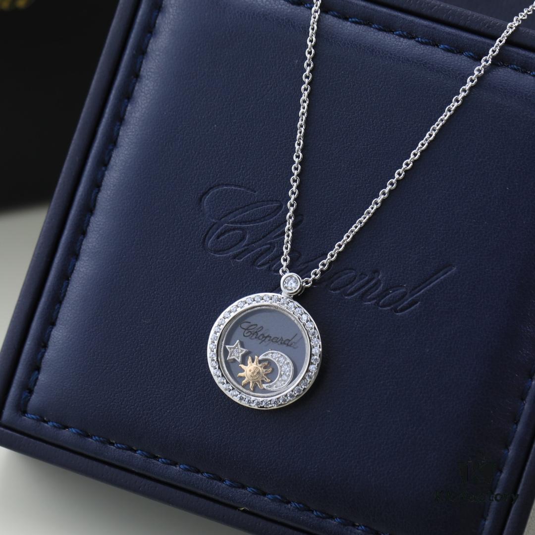 Chopard High-Version CNC Craft Necklace with Sun, Moon and Stars, 18K Rose Gold Original Logo, Adjustable Length, Featuring Brand's Iconic Moving Diamond Inside Glass