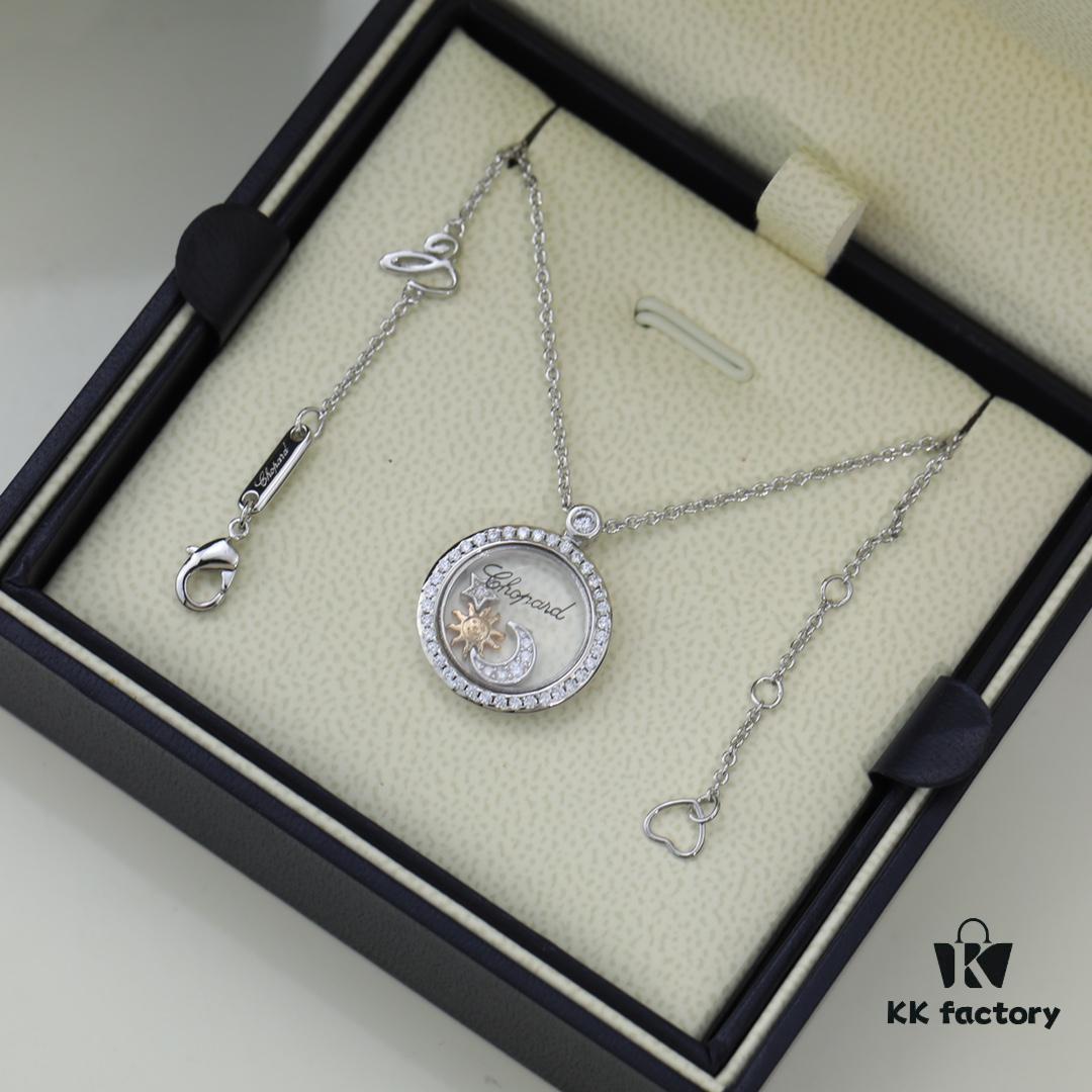 Chopard High-Version CNC Craft Necklace with Sun, Moon and Stars, 18K Rose Gold Original Logo, Adjustable Length, Featuring Brand's Iconic Moving Diamond Inside Glass