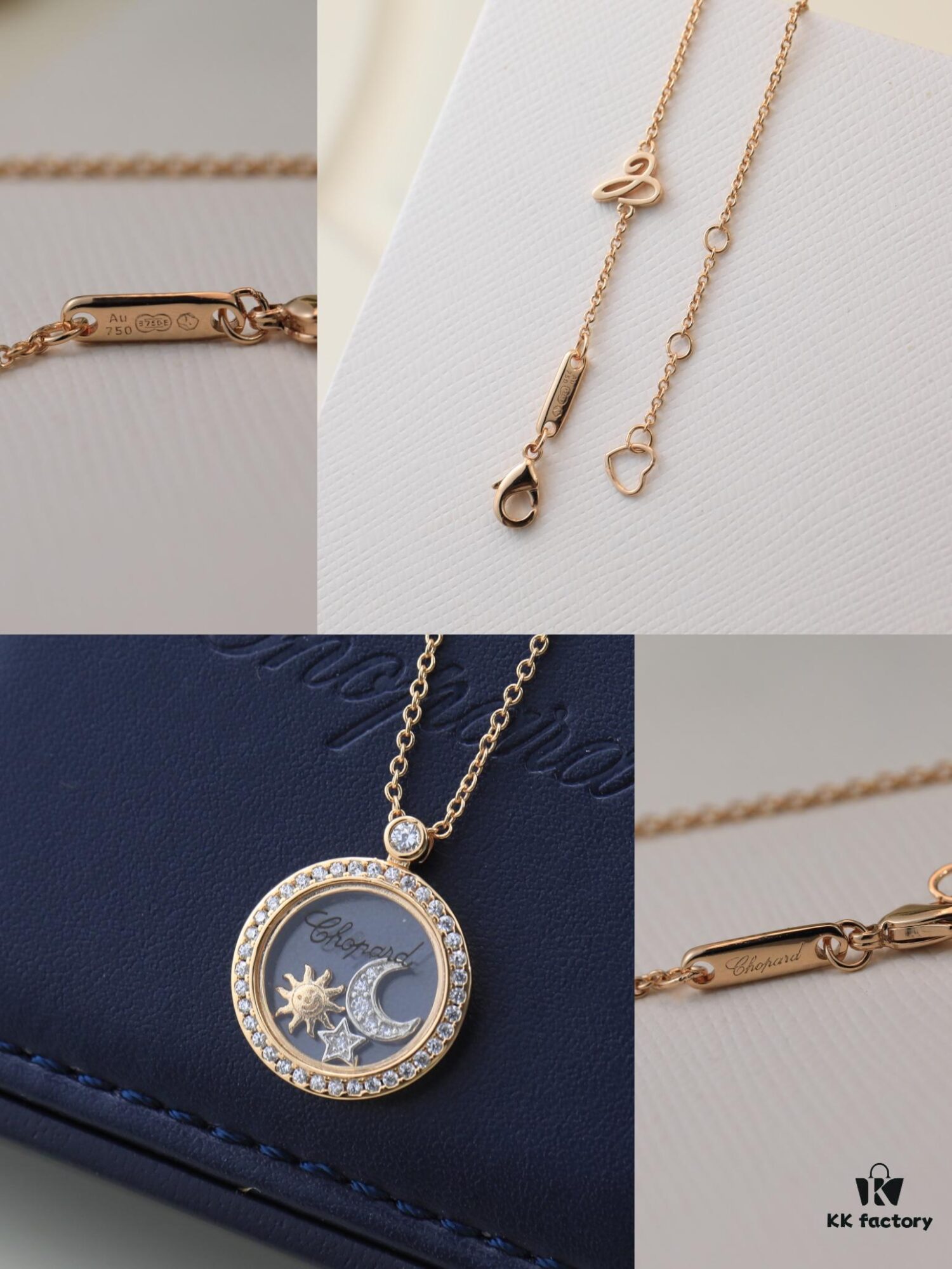 Chopard High-Version CNC Craft Necklace with Sun, Moon and Stars, 18K Rose Gold Original Logo, Adjustable Length, Featuring Brand's Iconic Moving Diamond Inside Glass