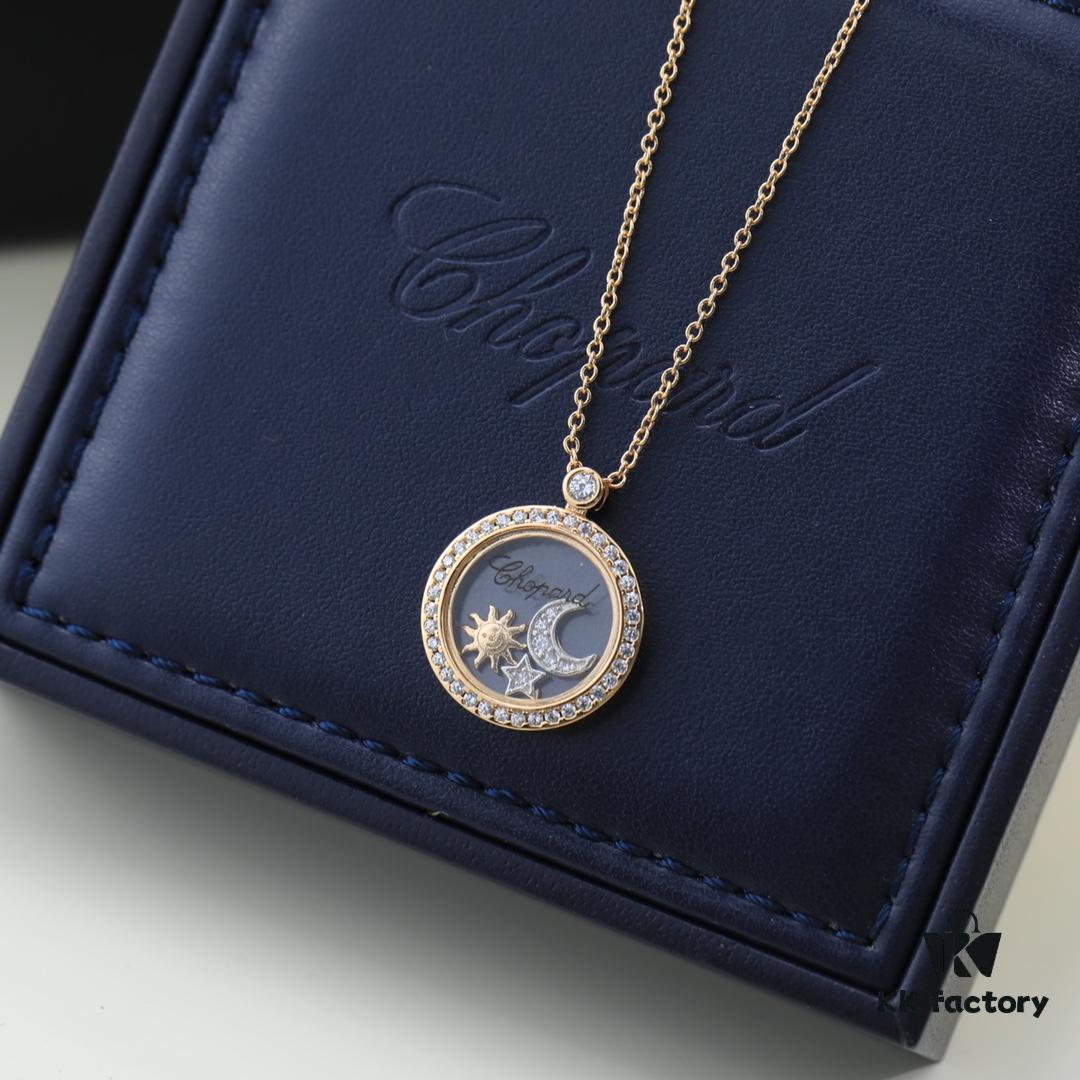 Chopard High-Version CNC Craft Necklace with Sun, Moon and Stars, 18K Rose Gold Original Logo, Adjustable Length, Featuring Brand's Iconic Moving Diamond Inside Glass