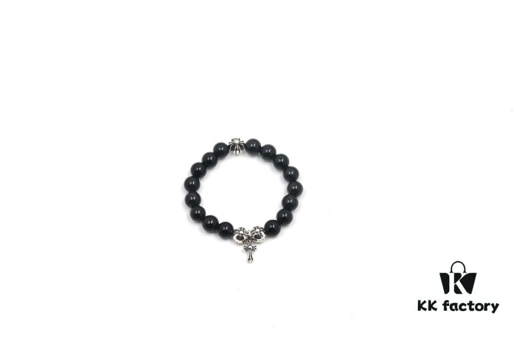 Chrome Hearts Obsidian Bracelet with Cross and Ball Detail