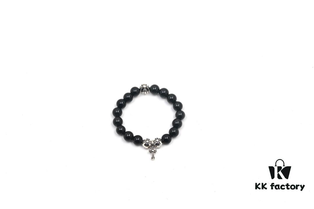 Chrome Hearts Obsidian Bracelet with Cross and Ball Detail