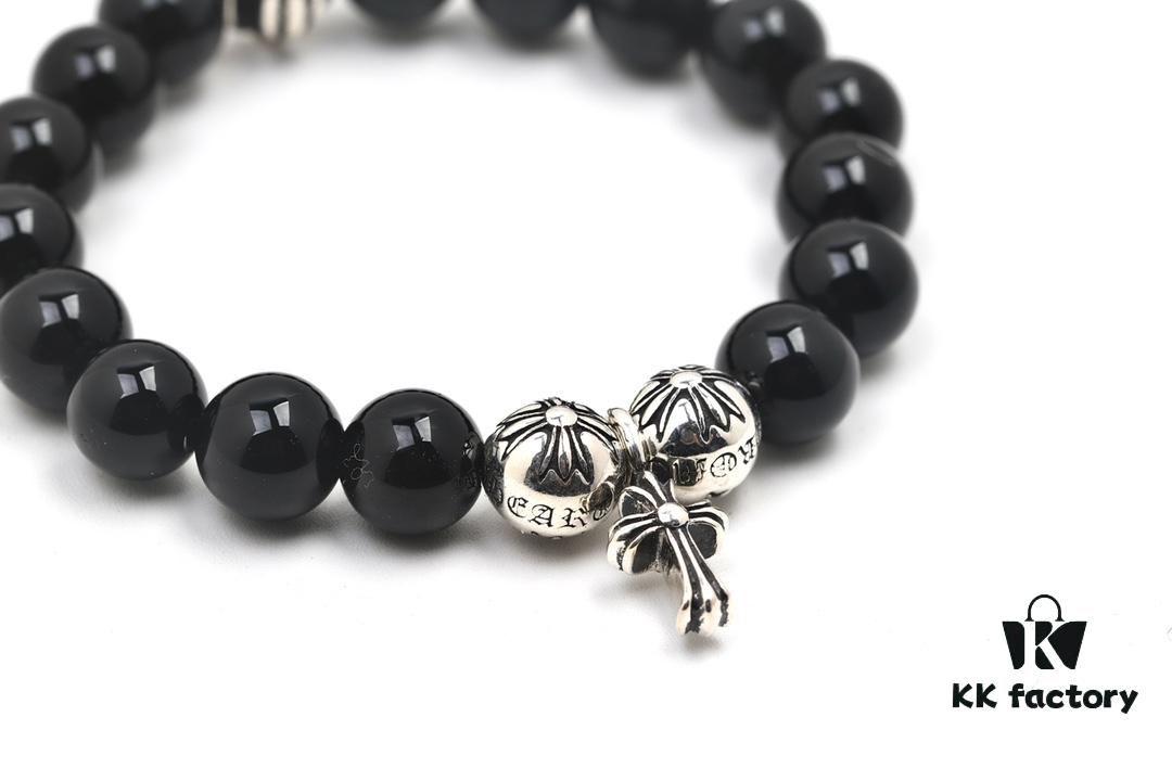 Chrome Hearts Obsidian Bracelet with Cross and Ball Detail
