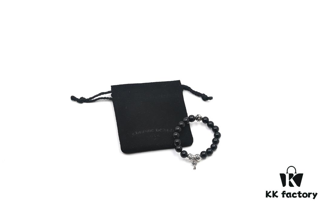 Chrome Hearts Obsidian Bracelet with Cross and Ball Detail