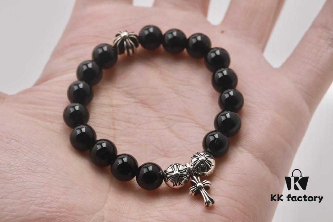 Chrome Hearts Obsidian Bracelet with Cross and Ball Detail