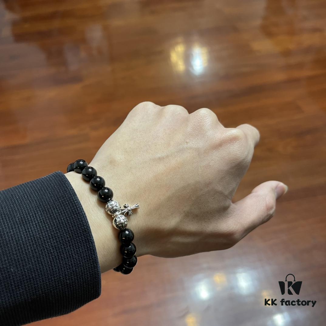 Chrome Hearts Obsidian Bracelet with Cross and Ball Detail
