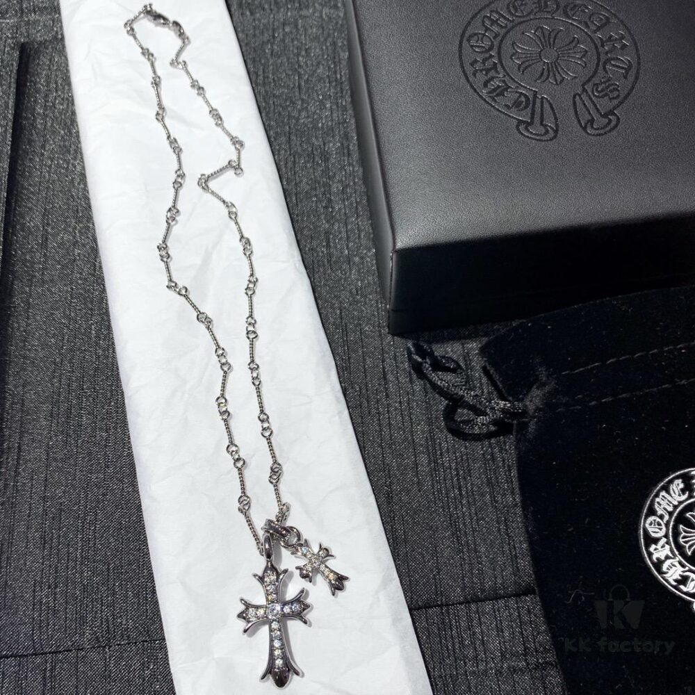 Essential for Fashion-Forward Individuals: Double Cross Silver Necklace, Polished and Diamond-Faced, Reversible and Detachable Design