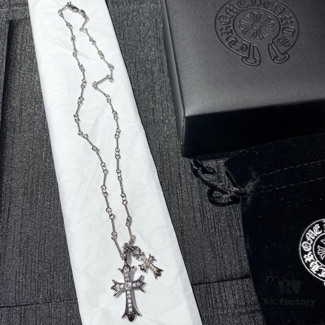 Essential for Fashion-Forward Individuals: Double Cross Silver Necklace, Polished and Diamond-Faced, Reversible and Detachable Design
