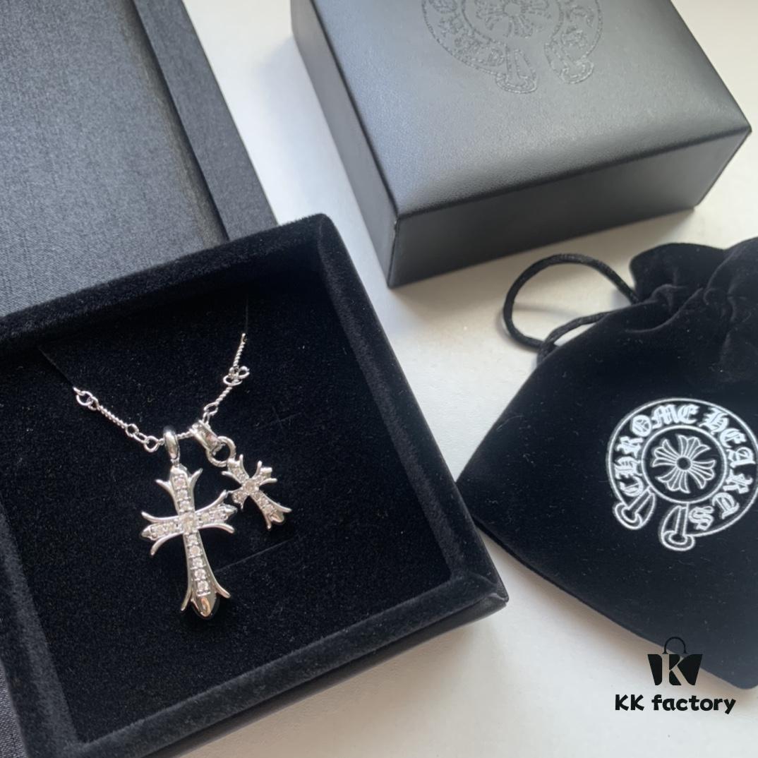 Essential for Fashion-Forward Individuals: Double Cross Silver Necklace, Polished and Diamond-Faced, Reversible and Detachable Design