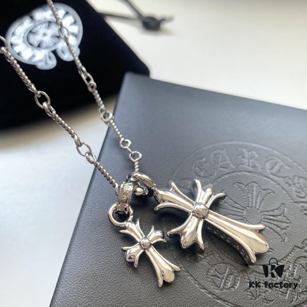 Essential for Fashion-Forward Individuals: Double Cross Silver Necklace, Polished and Diamond-Faced, Reversible and Detachable Design