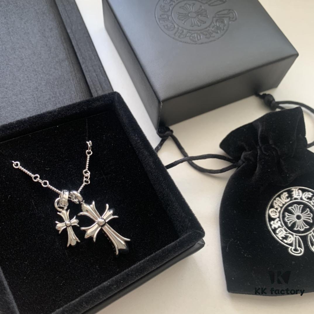 Essential for Fashion-Forward Individuals: Double Cross Silver Necklace, Polished and Diamond-Faced, Reversible and Detachable Design