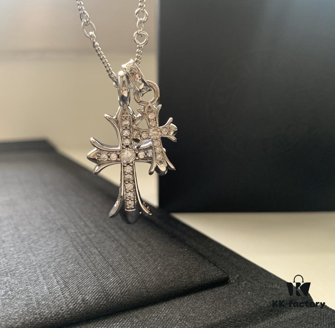 Essential for Fashion-Forward Individuals: Double Cross Silver Necklace, Polished and Diamond-Faced, Reversible and Detachable Design