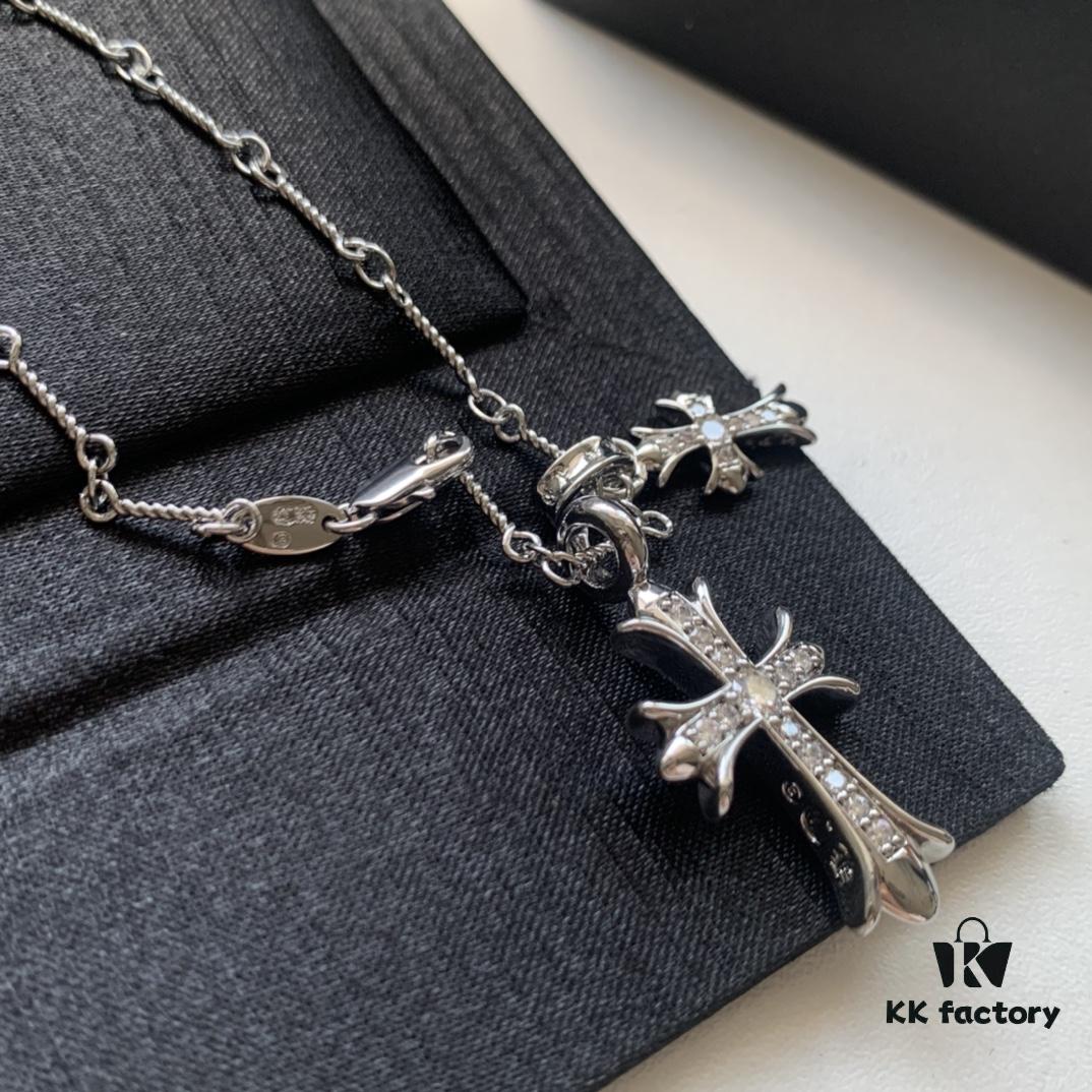 Essential for Fashion-Forward Individuals: Double Cross Silver Necklace, Polished and Diamond-Faced, Reversible and Detachable Design