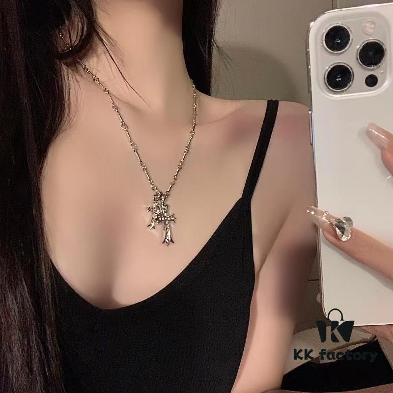 Essential for Fashion-Forward Individuals: Double Cross Silver Necklace, Polished and Diamond-Faced, Reversible and Detachable Design