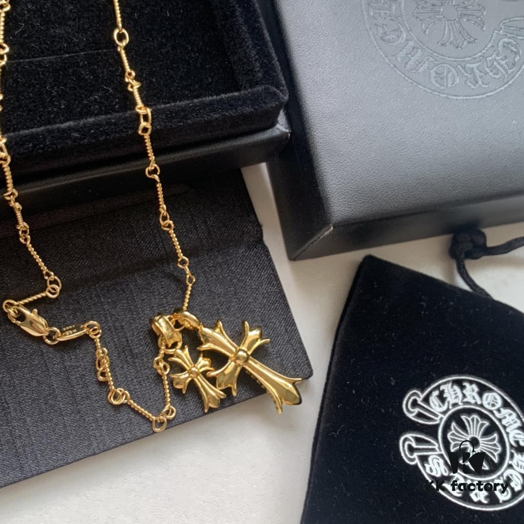 Kuroshin Trendy Essential Item: Double Cross Gold Necklace with Diamond and Polished Surfaces, Reversible and Detachable Design