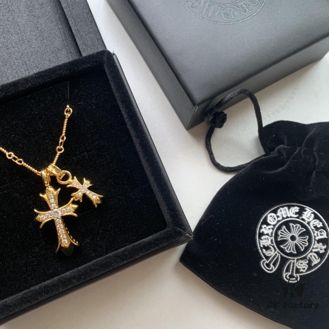 Kuroshin Trendy Essential Item: Double Cross Gold Necklace with Diamond and Polished Surfaces, Reversible and Detachable Design