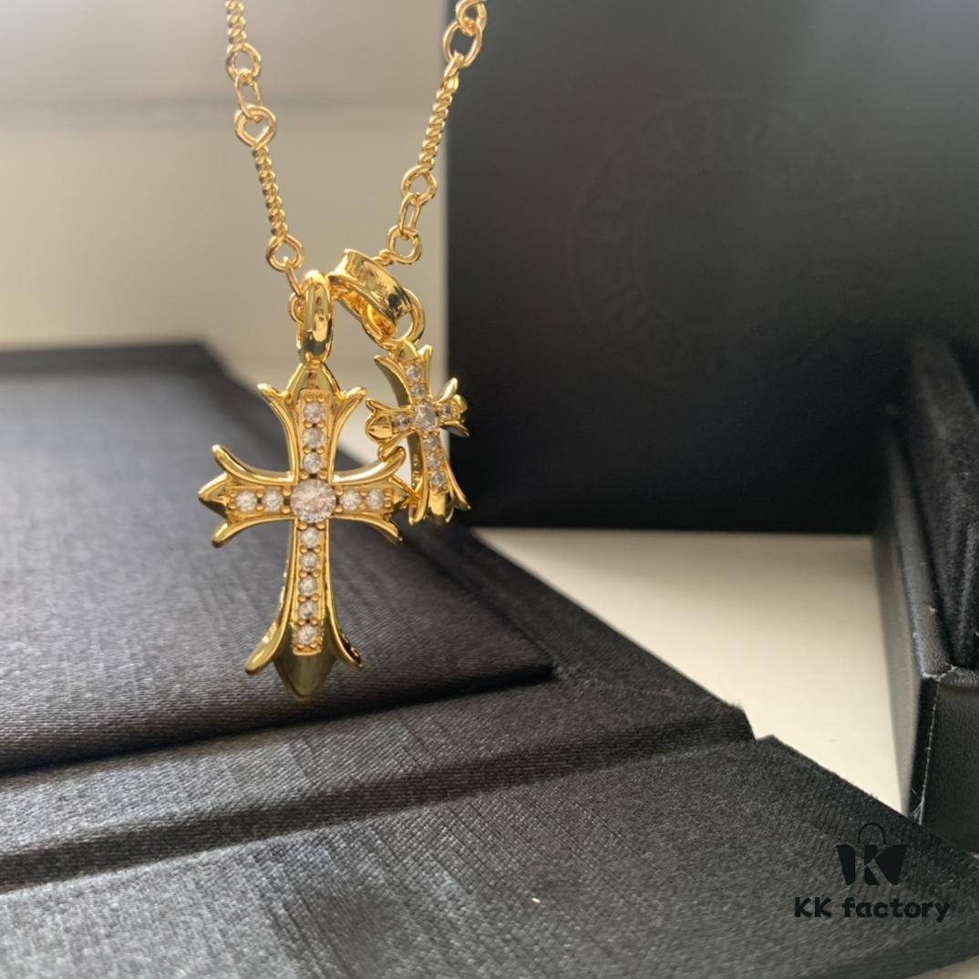 Kuroshin Trendy Essential Item: Double Cross Gold Necklace with Diamond and Polished Surfaces, Reversible and Detachable Design
