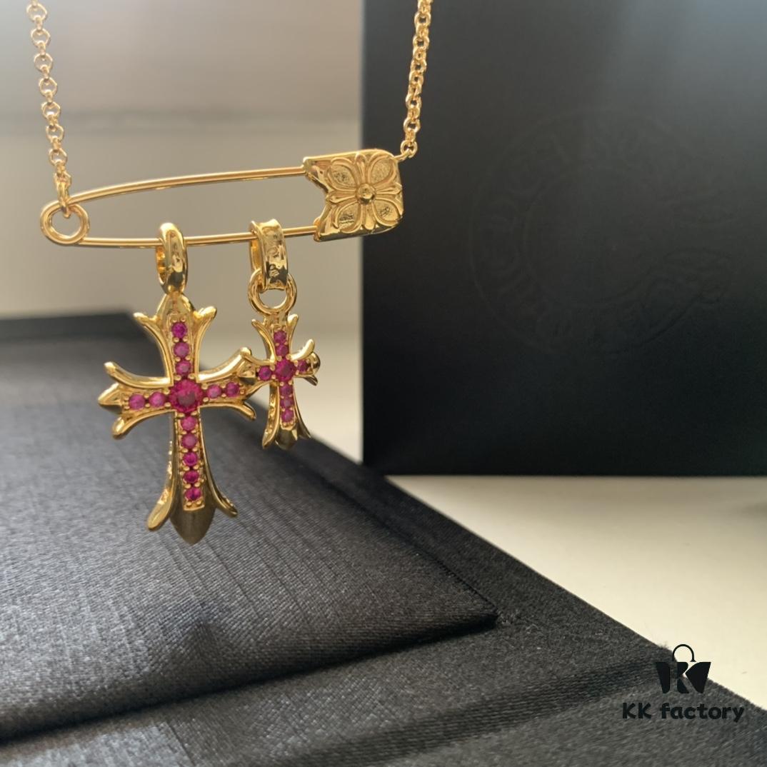 Kuroki Must-Have for Streetwear Enthusiasts: Colorful Diamond-Paved Brooch Cross Necklace, Pink Diamond Front and Smooth Back, Reversible and Detachable Design
