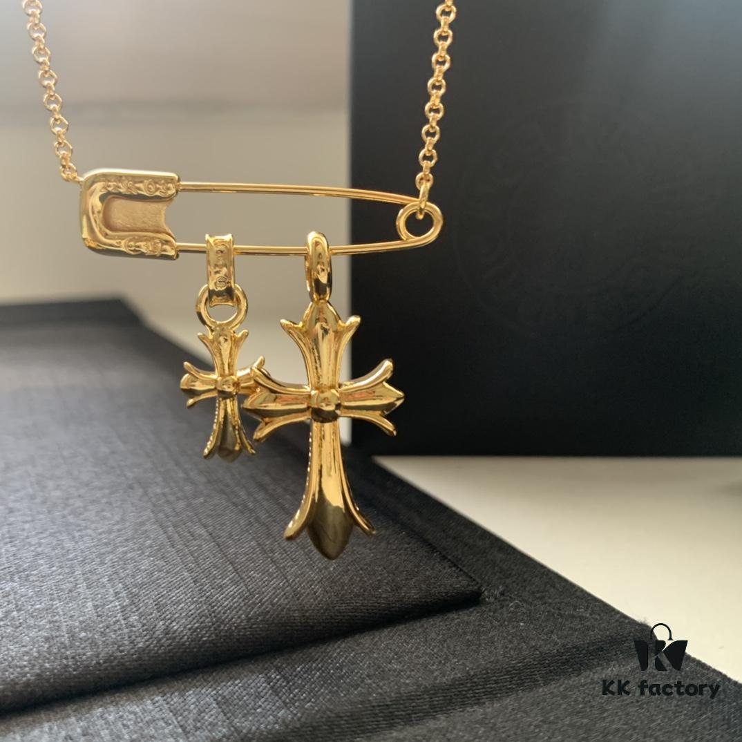 Kuroki Must-Have for Streetwear Enthusiasts: Colorful Diamond-Paved Brooch Cross Necklace, Pink Diamond Front and Smooth Back, Reversible and Detachable Design