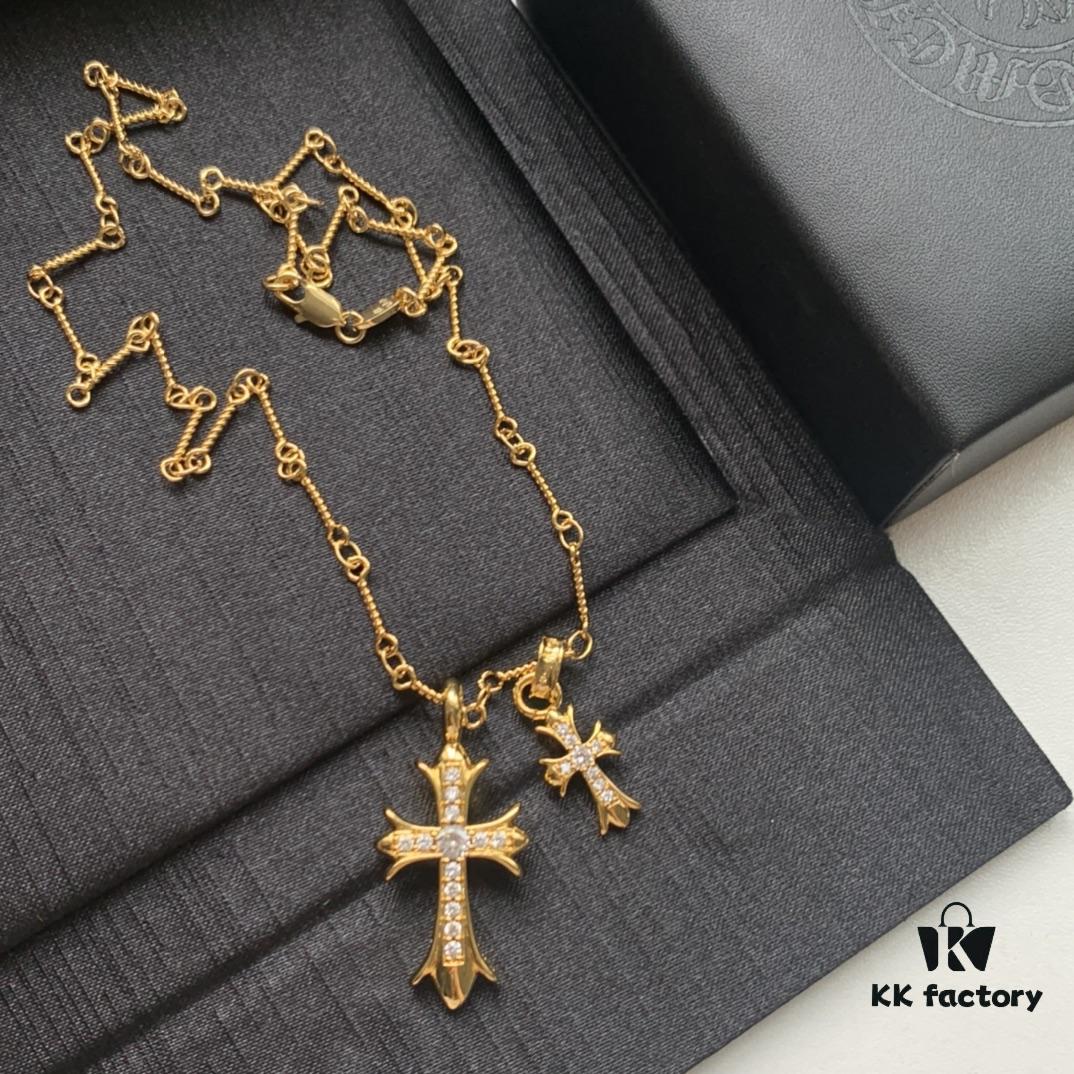 Kuroshin Trendy Essential Item: Double Cross Gold Necklace with Diamond and Polished Surfaces, Reversible and Detachable Design