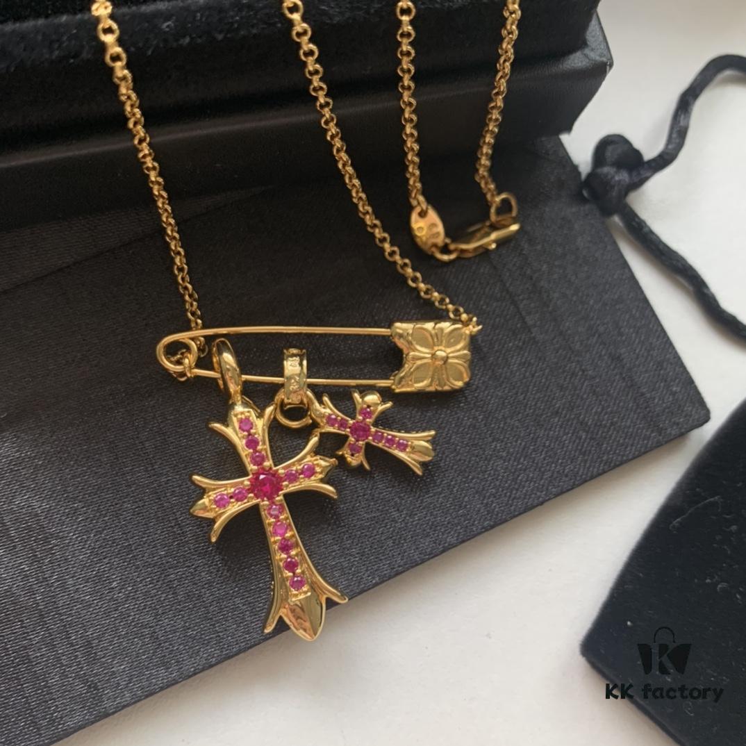Kuroki Must-Have for Streetwear Enthusiasts: Colorful Diamond-Paved Brooch Cross Necklace, Pink Diamond Front and Smooth Back, Reversible and Detachable Design