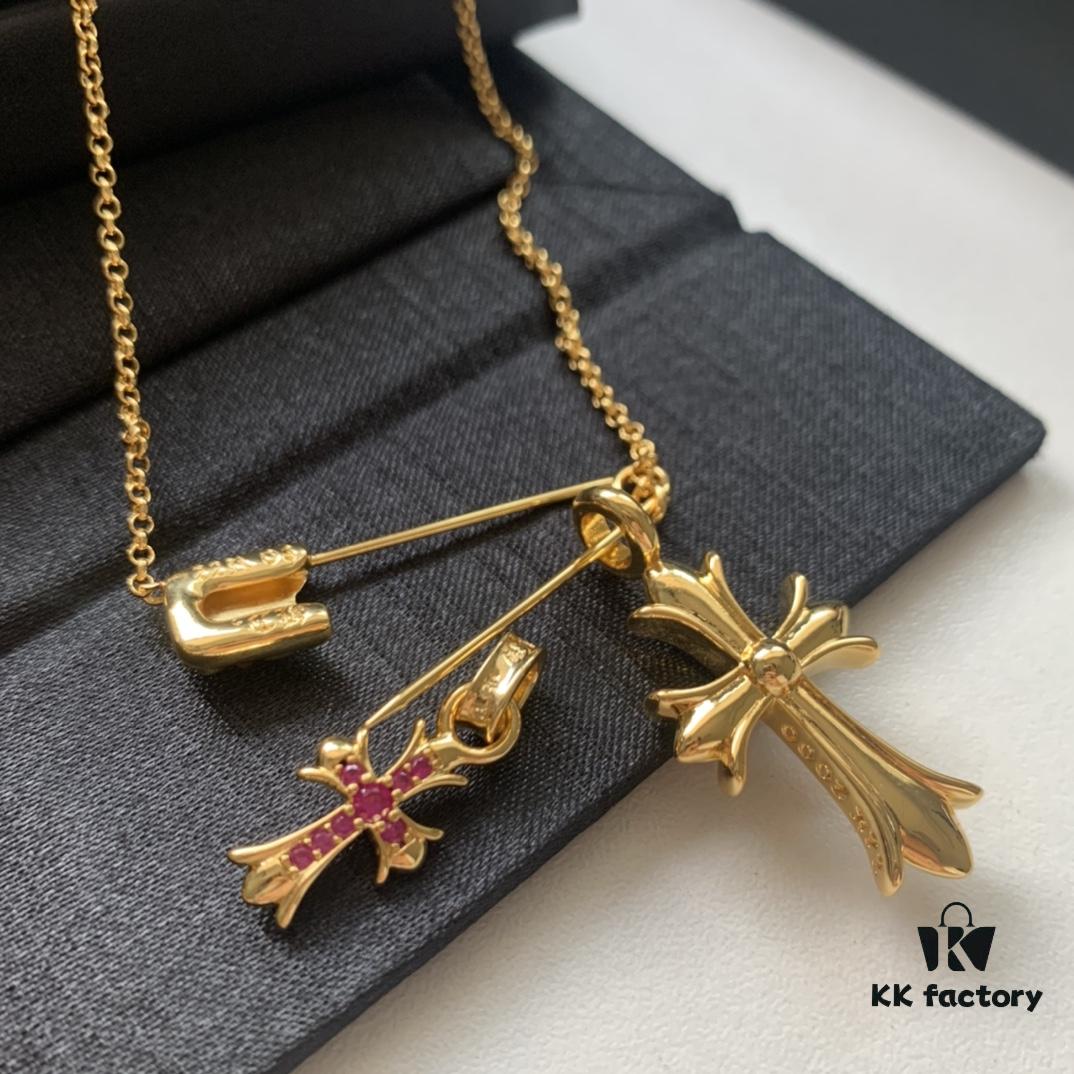 Kuroki Must-Have for Streetwear Enthusiasts: Colorful Diamond-Paved Brooch Cross Necklace, Pink Diamond Front and Smooth Back, Reversible and Detachable Design