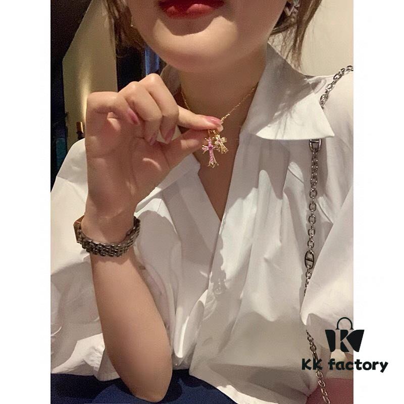 Kuroki Must-Have for Streetwear Enthusiasts: Colorful Diamond-Paved Brooch Cross Necklace, Pink Diamond Front and Smooth Back, Reversible and Detachable Design