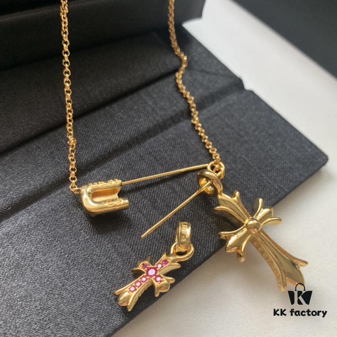 Kuroki Must-Have for Streetwear Enthusiasts: Colorful Diamond-Paved Brooch Cross Necklace, Pink Diamond Front and Smooth Back, Reversible and Detachable Design