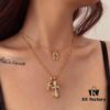 Kuroshin Trendy Essential Item: Double Cross Gold Necklace with Diamond and Polished Surfaces, Reversible and Detachable Design