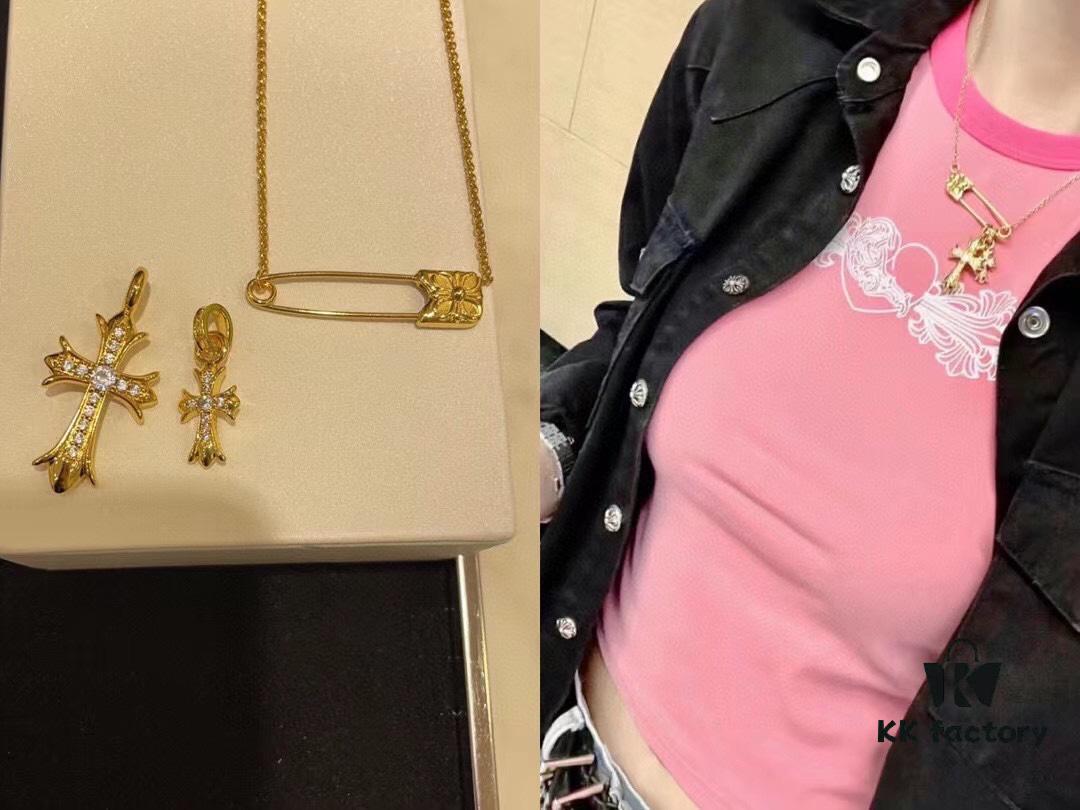 Kuroki Must-Have for Streetwear Enthusiasts: Colorful Diamond-Paved Brooch Cross Necklace, Pink Diamond Front and Smooth Back, Reversible and Detachable Design