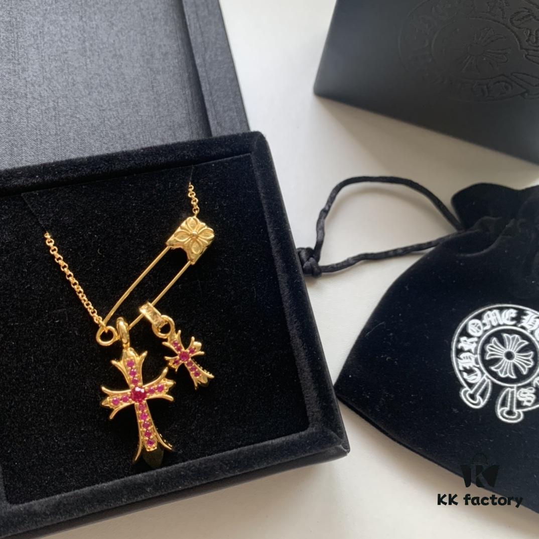 Kuroki Must-Have for Streetwear Enthusiasts: Colorful Diamond-Paved Brooch Cross Necklace, Pink Diamond Front and Smooth Back, Reversible and Detachable Design