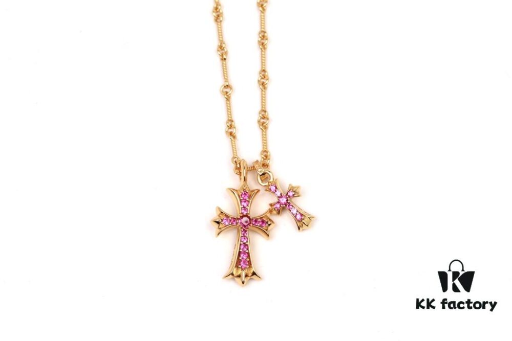 Chrome Hearts 22K Gold Plated Red Diamond Double Cross Necklace