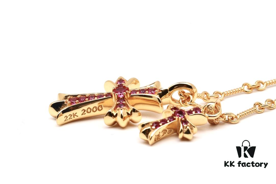 Chrome Hearts 22K Gold Plated Red Diamond Double Cross Necklace