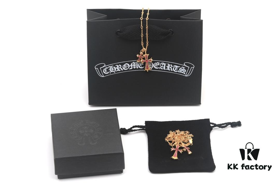 Chrome Hearts 22K Gold Plated Red Diamond Double Cross Necklace
