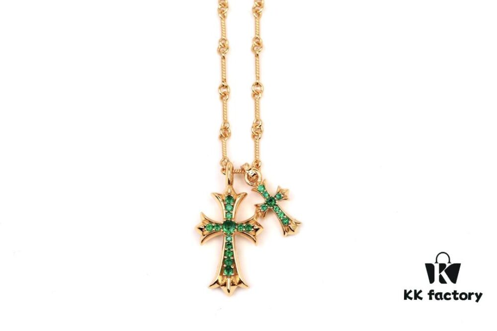 Chrome Hearts 22K Gold-Plated Green Diamond Double Cross Necklace
