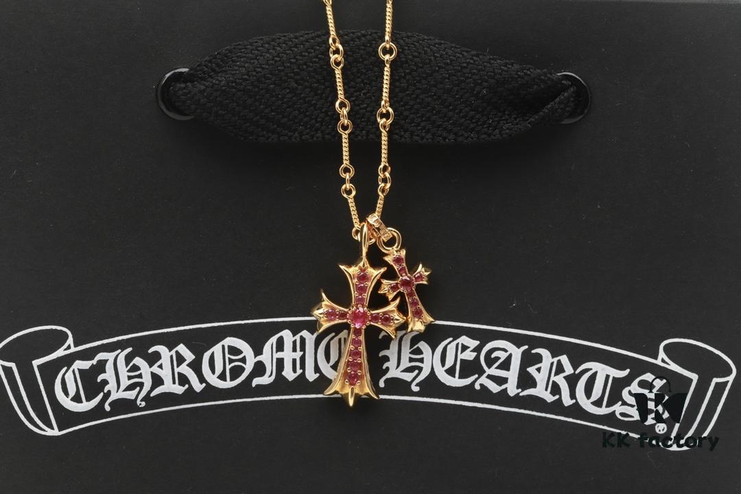 Chrome Hearts 22K Gold Plated Red Diamond Double Cross Necklace