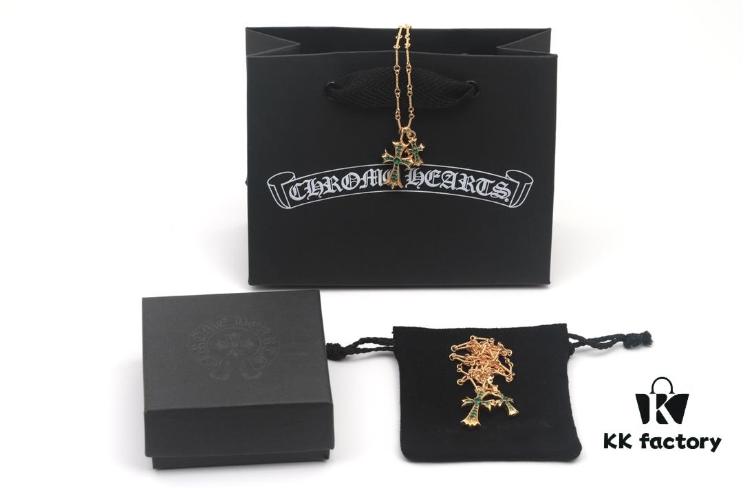 Chrome Hearts 22K Gold-Plated Green Diamond Double Cross Necklace