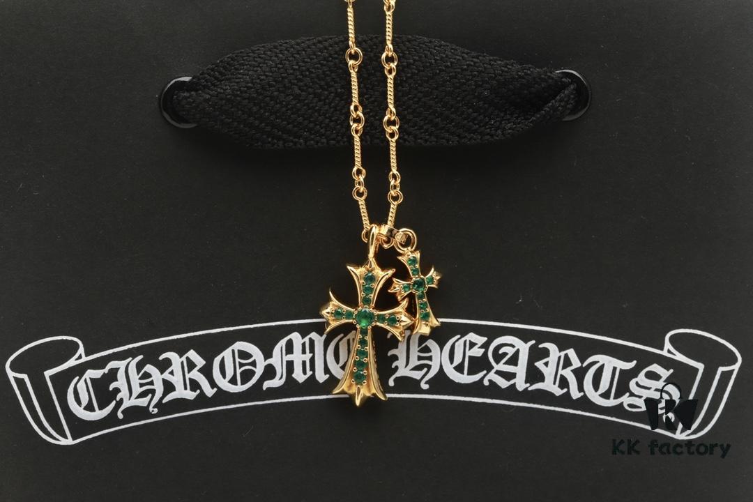 Chrome Hearts 22K Gold-Plated Green Diamond Double Cross Necklace